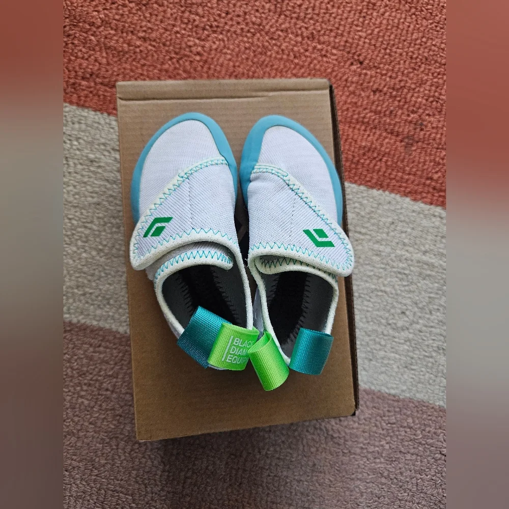 Black Diamond Kids Climbing Shoes in Teal, Gray, and Neon Green